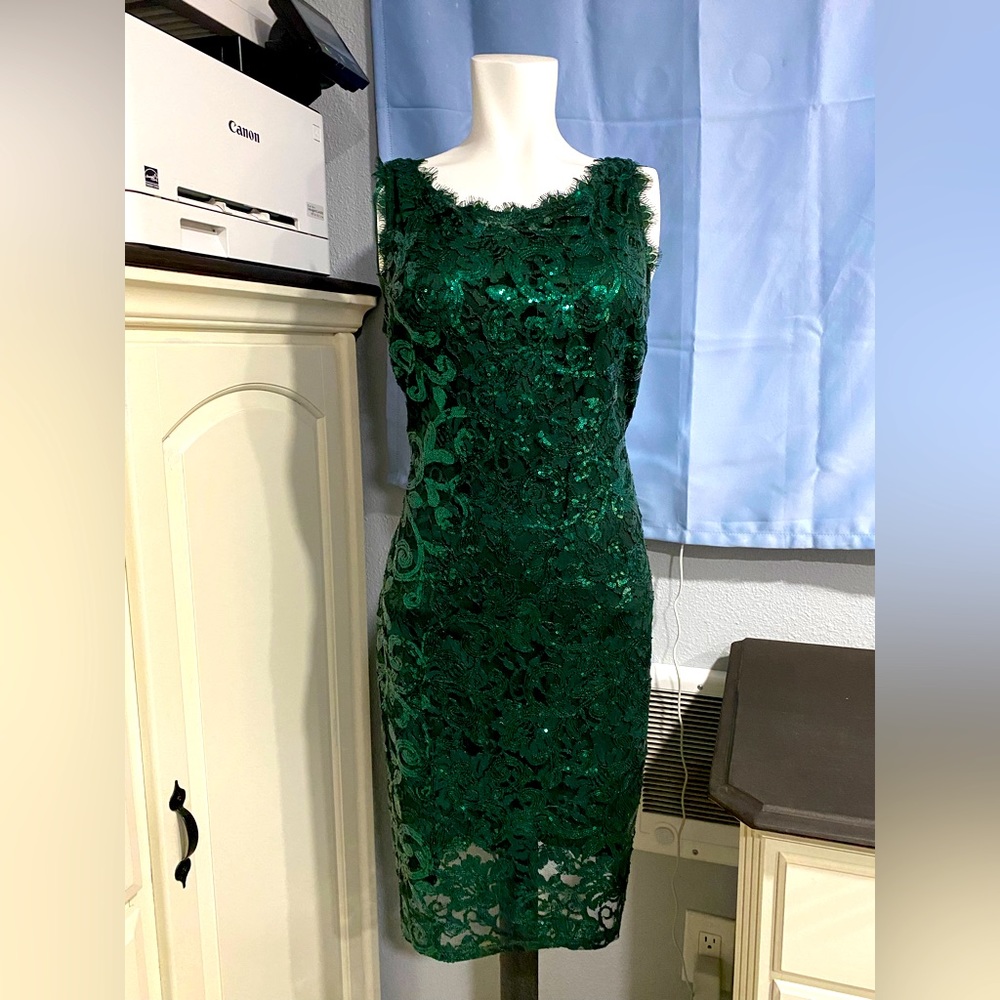 Holiday cocktail party in emerald green size 10 with hidden back zipper.